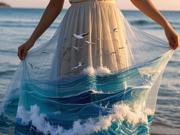 Stitching Romance Across Horizons - "Horizon & Shore" Handmade Embroidered Long Dress